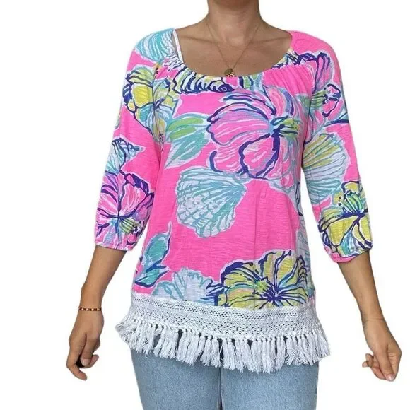 Lilly Pulitzer Multicolored Floral Fringe Blouse Top Size Small Hibiscus Print - Picture 4 of 6